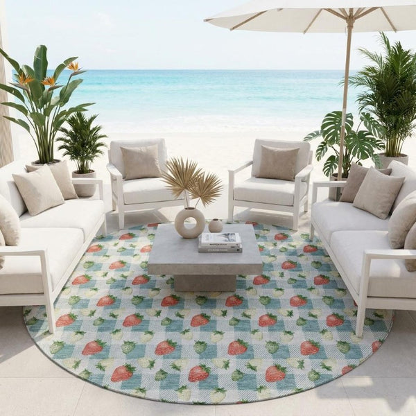 8 Foot Round Floral Polyester Area Rug Teal Silver Washable Indoor Outdoor Patio