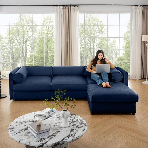 English Elm Elegant Blue Chenille Sectional Sofa With Hidden Storage, Ergonomic Support, And Modular Design W714S01050