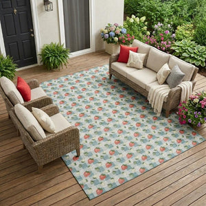 8x10 Teal Silver Floral Polyester Area Rug Stain Resistant for Patio or Living Room