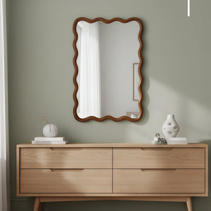 English Elm Black Walnut Solid Wood Wavy Frame Mirror Sculptural Bohemian Accent for Any Room W2203P455232