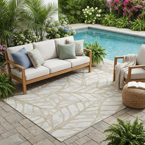 5x8 Ivory Linen Floral Polyester Area Rug Stain Resistant for Patio or Living Room