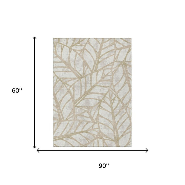 5x8 Ivory Linen Floral Polyester Area Rug Stain Resistant for Patio or Living Room