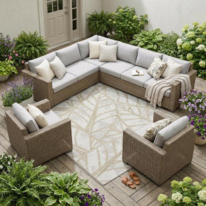 9x12 Ivory Linen Floral Polyester Area Rug Washable Stain Resistant Patio Living Room