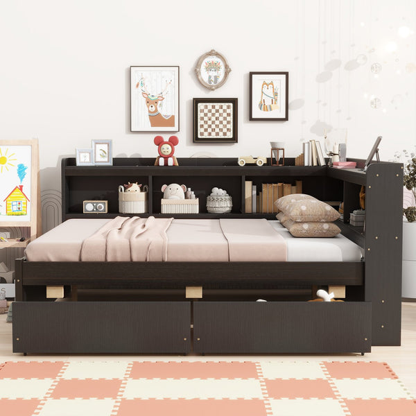 English Elm Full Size L-Shaped Bed With Bookcases, Usb Ports & Storage Drawers - Smart Space-Saving Solution! W504S00220