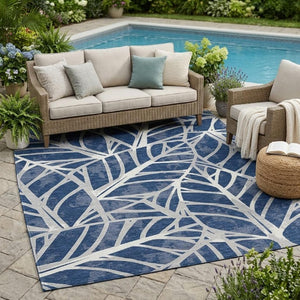 5 X 8 Navy Floral Polyester Area Rug Washable Stain Resistant Indoor Outdoor Patio