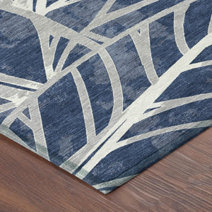 5 X 8 Navy Floral Polyester Area Rug Washable Stain Resistant Indoor Outdoor Patio