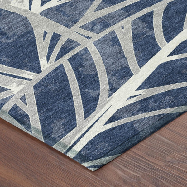 5 X 8 Navy Floral Polyester Area Rug Washable Stain Resistant Indoor Outdoor Patio
