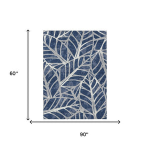 5 X 8 Navy Floral Polyester Area Rug Washable Stain Resistant Indoor Outdoor Patio