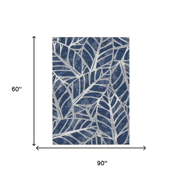 5 X 8 Navy Floral Polyester Area Rug Washable Stain Resistant Indoor Outdoor Patio
