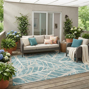 5x8 Teal Silver Floral Polyester Area Rug Stain Resistant for Patio or Living Room