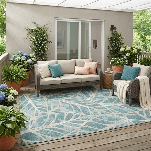 5x8 Teal Silver Floral Polyester Area Rug Stain Resistant for Patio or Living Room