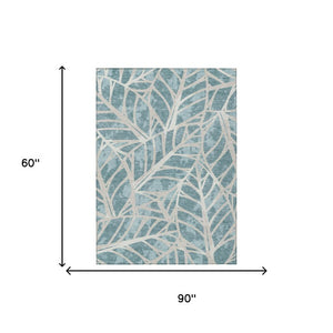 5x8 Teal Silver Floral Polyester Area Rug Stain Resistant for Patio or Living Room