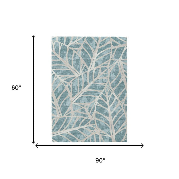 5x8 Teal Silver Floral Polyester Area Rug Stain Resistant for Patio or Living Room