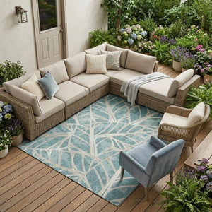 8 X 10 Teal Silver Floral Polyester Area Rug Stain Resistant for Patio or Living Room