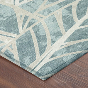 8 X 10 Teal Silver Floral Polyester Area Rug Stain Resistant for Patio or Living Room