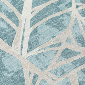 8 X 10 Teal Silver Floral Polyester Area Rug Stain Resistant for Patio or Living Room
