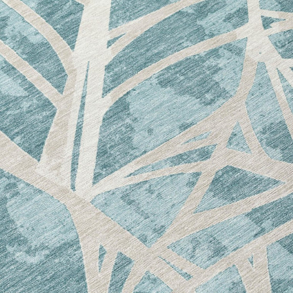 8 X 10 Teal Silver Floral Polyester Area Rug Stain Resistant for Patio or Living Room