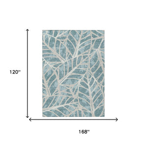 10 X 14 Teal Silver Floral Polyester Area Rug Washable Stain Resistant Patio