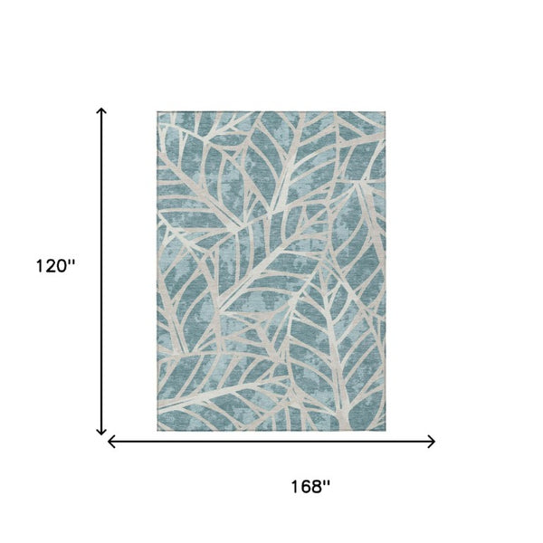 10 X 14 Teal Silver Floral Polyester Area Rug Washable Stain Resistant Patio