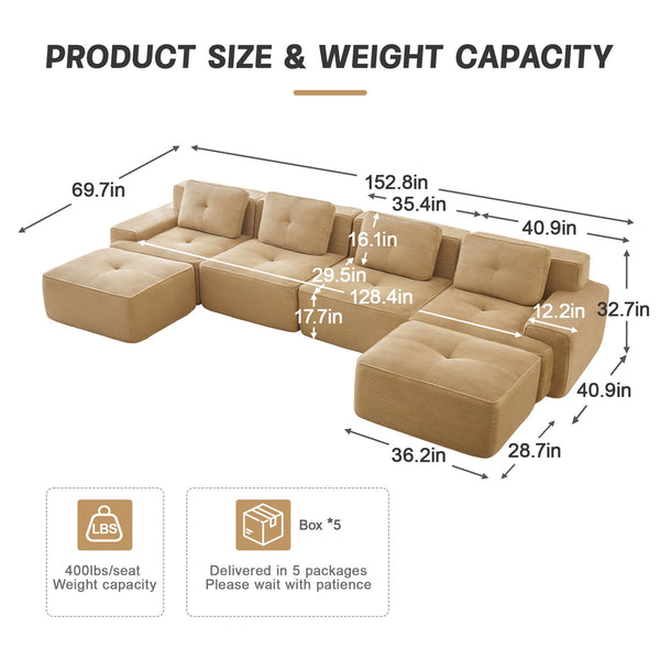 English Elm 153" Luxurious U-Shaped Modular Sectional Sofa, Soft Corduroy, 4-Seater With Movable Ottomans, Anti-Slip W714S01473
