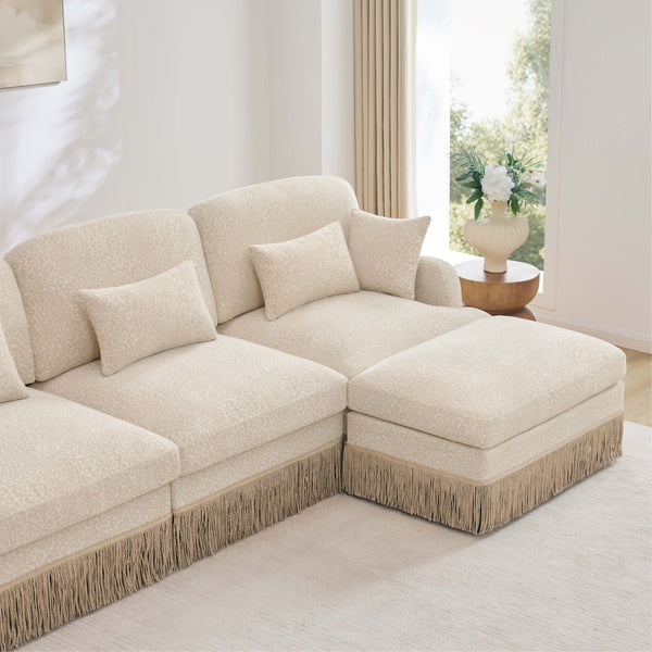 English Elm 100"comfy Chenille Leopard Print Sectional Sofa with Tassel Trim and Movable Ottoman Beige W5656S00005