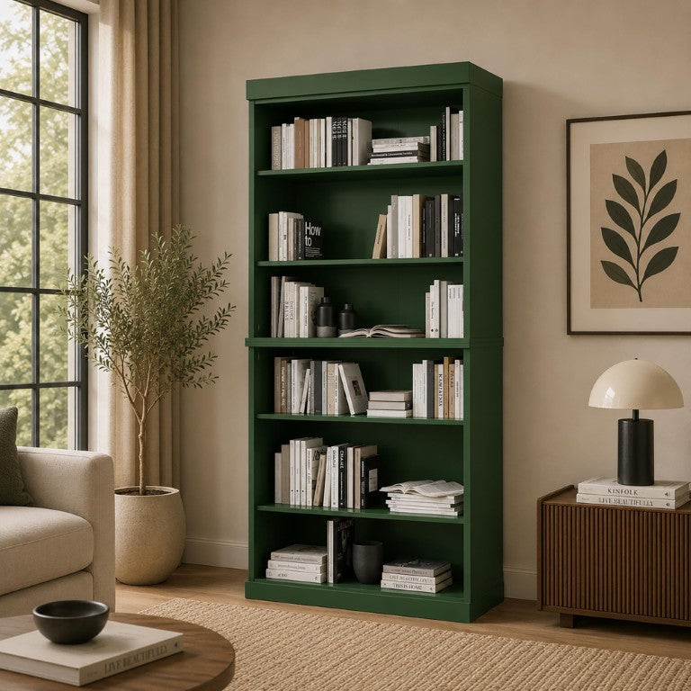 HomeRoots 72 Inch Solid Wood Six Shelf Adjustable Bookcase for Home Office Library or Living Room Green 745399
