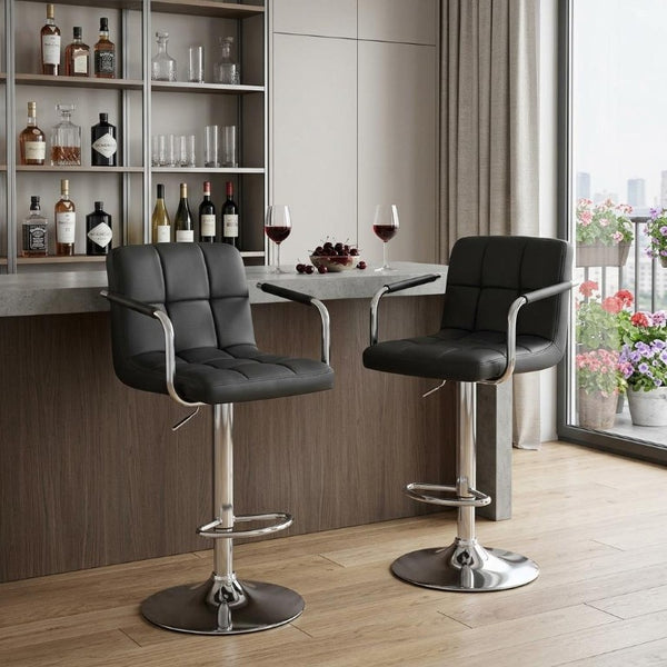 Set of Two Adjustable Swivel Barstools in Faux Leather with Aluminum Footrest