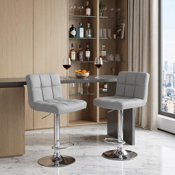 Set of Two Adjustable Swivel Barstools in Faux Leather with Sleek Steel Frame