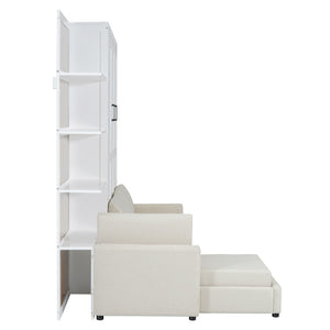 English Elm Queen Wall Bed with Linen Sofa and Open Shelving for Studio or Guest Room LP000592AAK-1