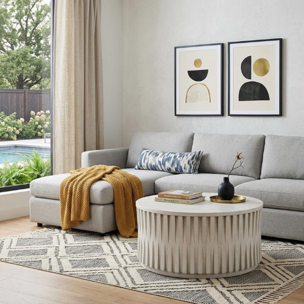 40 Inch Solid Wood Round Drum Coffee Table Modern Living Room Center Piece