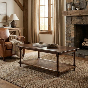 42 Inch Solid Wood Rattan Coffee Table Bohemian Living Room Accent Furniture