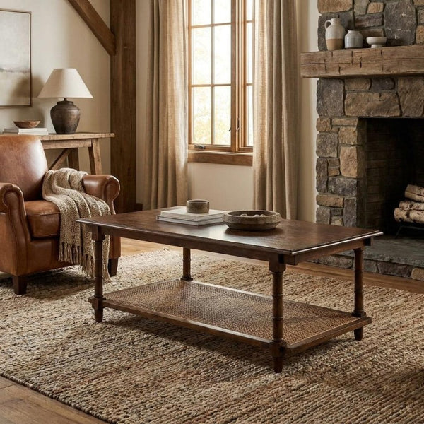 42 Inch Solid Wood Rattan Coffee Table Bohemian Living Room Accent Furniture