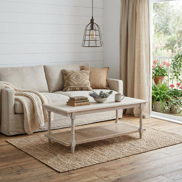 42 Inch Distressed Solid Wood Rattan Coffee Table Farmhouse Living Room Accent