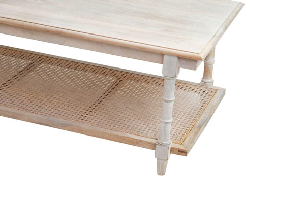 42 Inch Distressed Solid Wood Rattan Coffee Table Farmhouse Living Room Accent