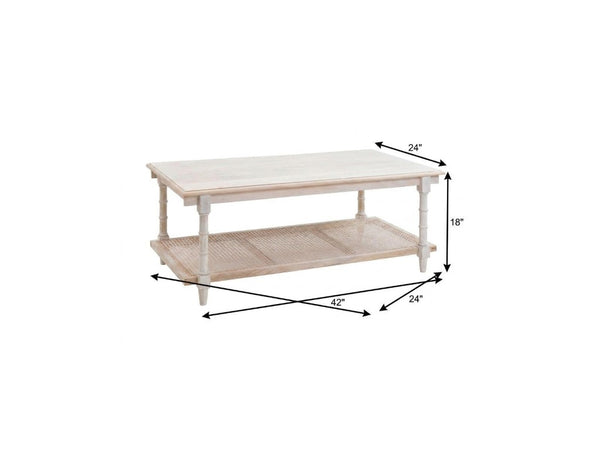 42 Inch Distressed Solid Wood Rattan Coffee Table Farmhouse Living Room Accent