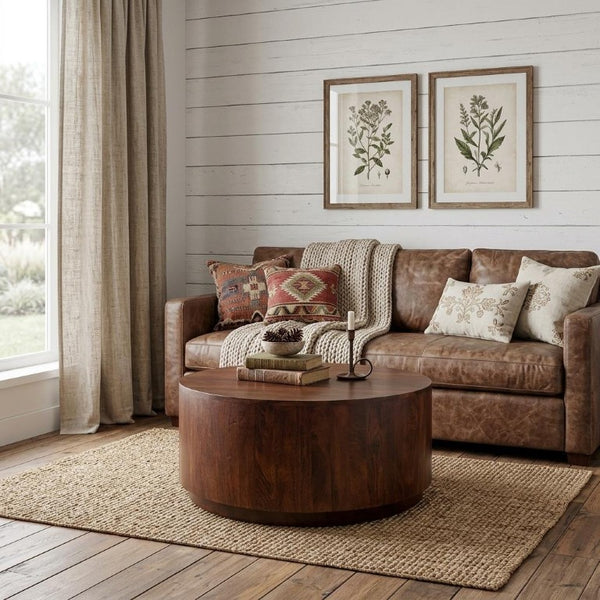 42 Inch Round Solid Wood Drum Coffee Table in Chestnut for Living Room Decor