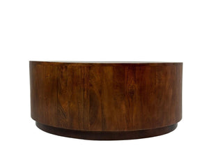 42 Inch Round Solid Wood Drum Coffee Table in Chestnut for Living Room Decor