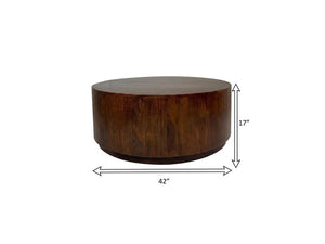 42 Inch Round Solid Wood Drum Coffee Table in Chestnut for Living Room Decor
