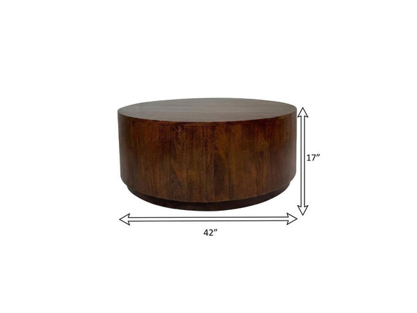 42 Inch Round Solid Wood Drum Coffee Table in Chestnut for Living Room Decor