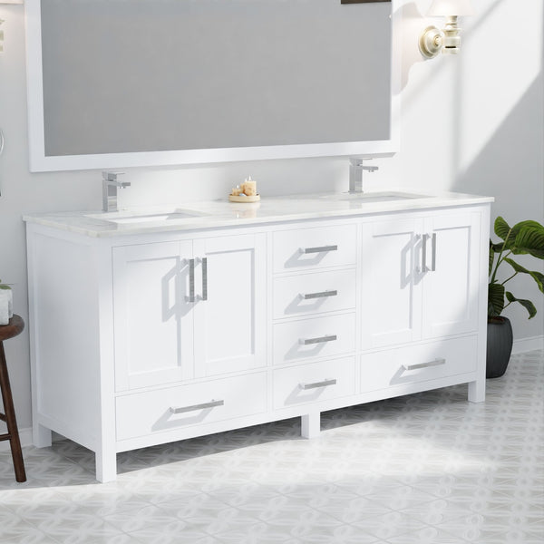 English Elm White 72 in. Double Bath Vanity with Carrara Marble Top, Soft-Close Drawers, Chrome Faucet Set B2731P259096