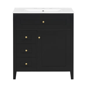 English Elm 30-Inch Contemporary Bathroom Vanity with Sink, MDF & Rubberwood, Glossy Finish, 3 Drawers + Cabinet Black N725P350819B