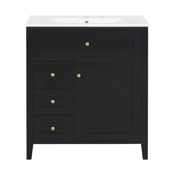 English Elm 30-Inch Contemporary Bathroom Vanity with Sink, MDF & Rubberwood, Glossy Finish, 3 Drawers + Cabinet Black N725P350819B