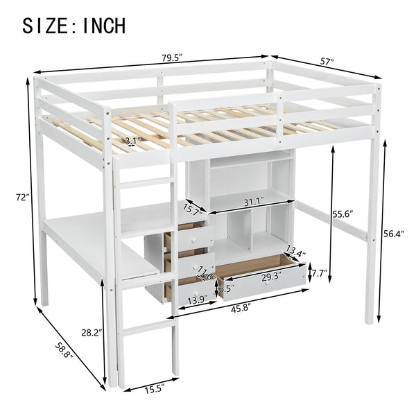 English Elm Full Size Loft Bed With Integrated Desk, Storage Shelves, Drawers & Safe Ladder - Stylish & Space-Saving W504S00161