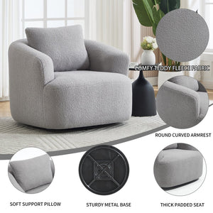 English Elm 360° Swivel Barrel Chair Teddy Fleece Upholstery with Pillow for Bedroom Reading Nook Light Gray W1803P363036
