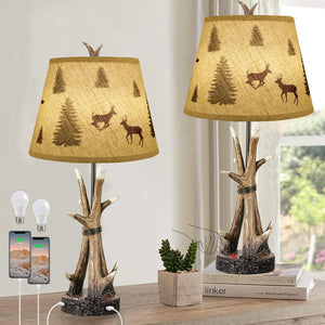 English Elm Farmhouse Deer Antler Table Lamps Set of 2 — Rustic Touch Dimmable Nightstand Lamps with Dual USB Ports W3355P391473