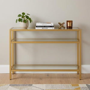 42 Inch Gold Iron and Glass Entryway Console Table with Open Tiered Shelving