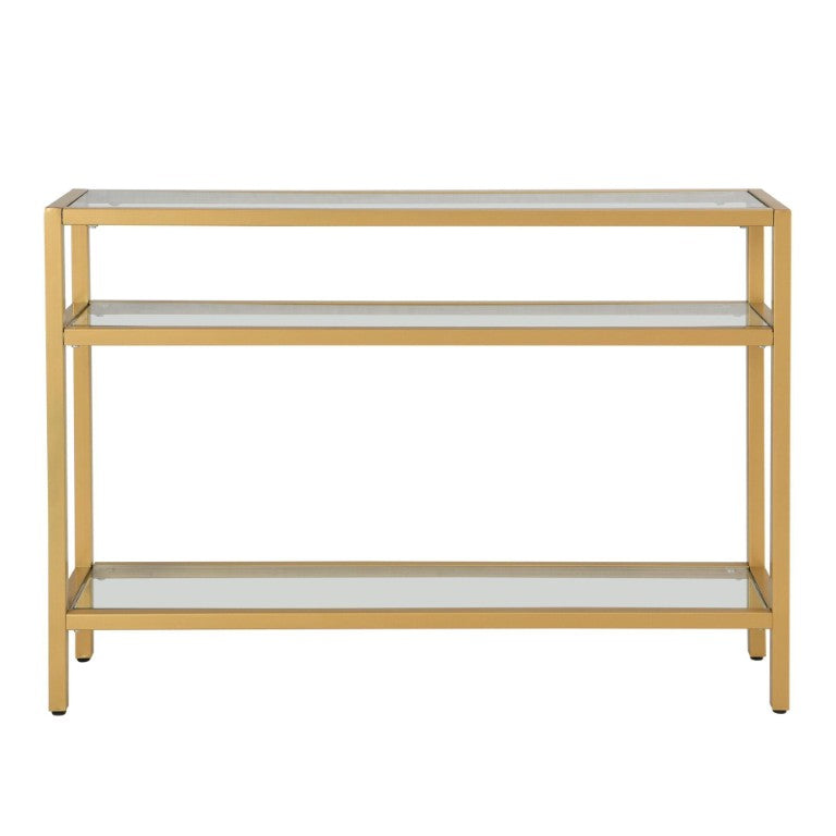 HomeRoots 42 Inch Gold Iron and Glass Entryway Console Table with Open Tiered Shelving 745532