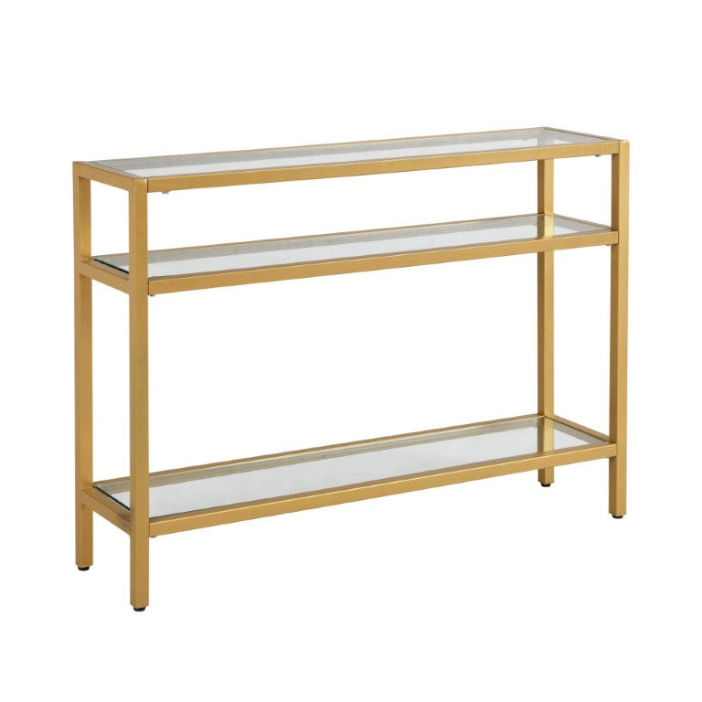 HomeRoots 42 Inch Gold Iron and Glass Entryway Console Table with Open Tiered Shelving 745532