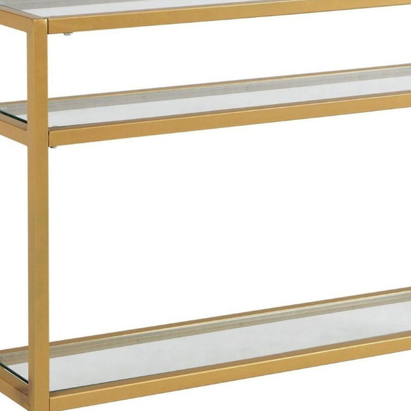 42 Inch Gold Iron and Glass Entryway Console Table with Open Tiered Shelving