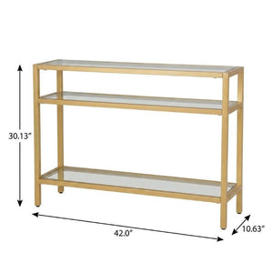 42 Inch Gold Iron and Glass Entryway Console Table with Open Tiered Shelving